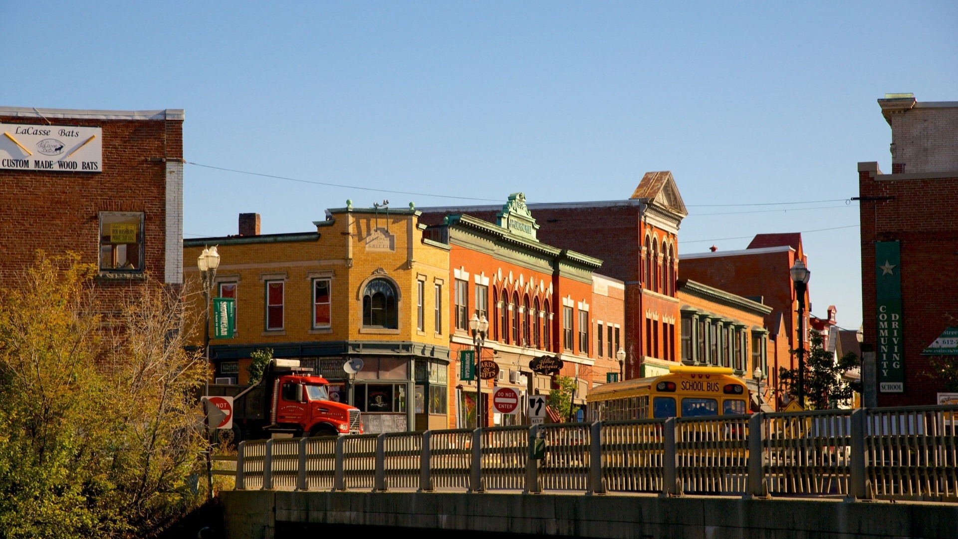 Historic downtown buildings along the street in Skowhegan, Maine